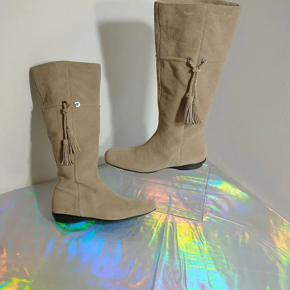 Cole Haan Womens SZ 5B Beige Suede Pull Up Mid Calf Boots.
